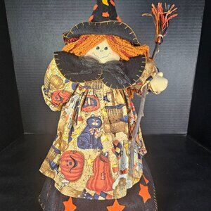 Rare NWT, Prima Creations, Vintage Fabric Orange And Black Witch With Broom